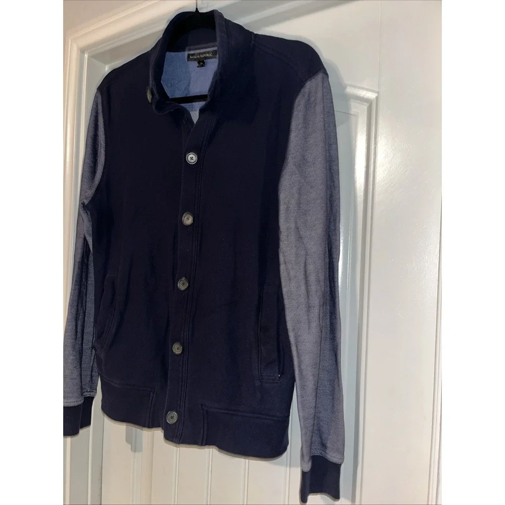 Banana Republic Men's M Cardigan Mock Collar Preppy Navy Knit/Cotton Lightweight